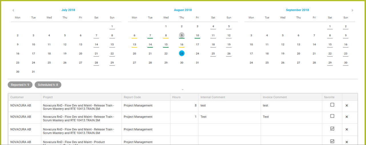Example of a calendar in the web client