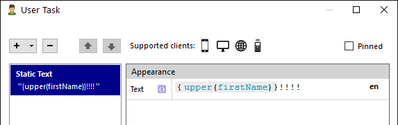 Screen shot: A User Task configuration dialog showing the user of the Upper function, which transforms the value of the variable "firstName" into uppercase. Note that the content of the firstName variable is not affected by this; all FlowScript functions return new values, leaving the input value(s) untouched.