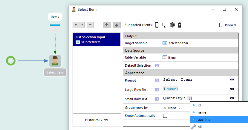 Screen shot: A User Task configuration dialog with a List Selection input. The Large Row Text and Small Row Text properties have FlowScript expressions referring not to variables in the workflow, but to cell values in the "items" table. The autocomplete menu shows the cells of the table at the top of the list, before the other variables in the workflow.